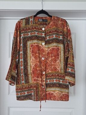 Zara Boho Paisley Button-Front Shirt, Size M